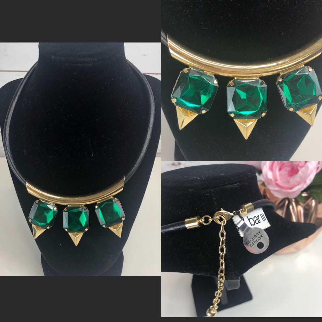 Emerald Green Stone Gold Leather Necklace Nwt
